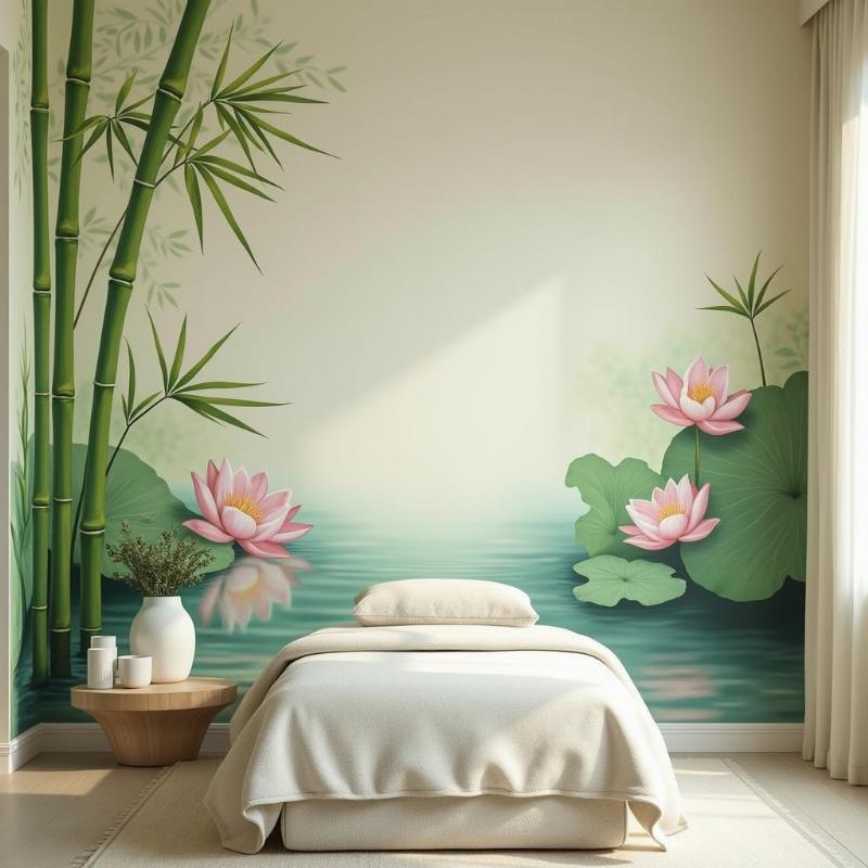 Tranh tường spa chủ đề thiên nhiên, sen, thư giãn tại Lotus Art